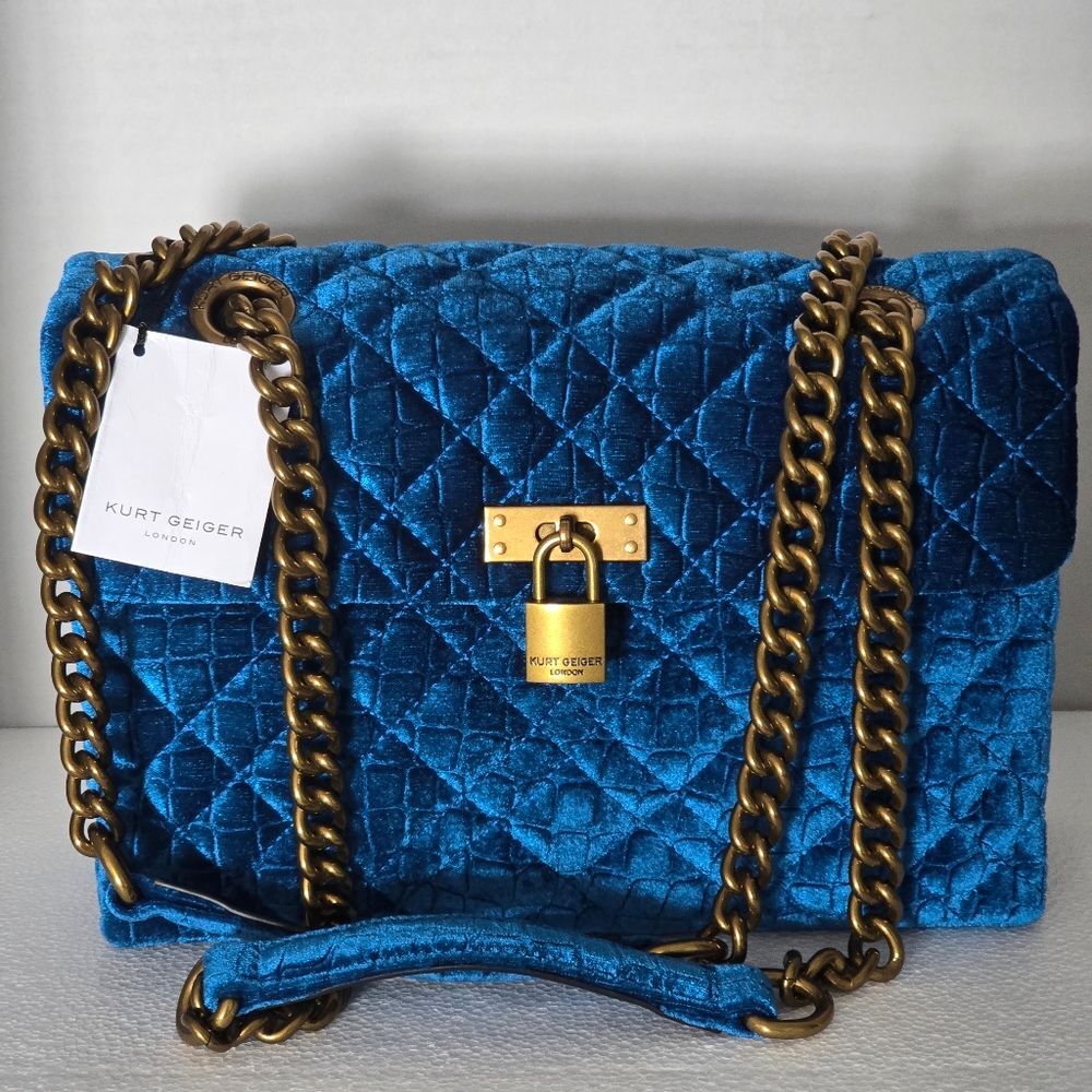 Kurt Geiger London Teal Velvet Brixton Lock Bag